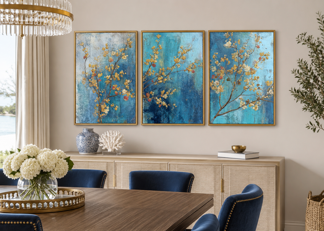 Floral Wall Art Set of 3 featuring blue and gold blossoms on canvas in a modern dining room.