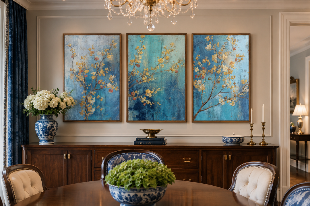 Floral Wall Art Set of 3 featuring blue and gold blossoms on canvas in a dining room setting.