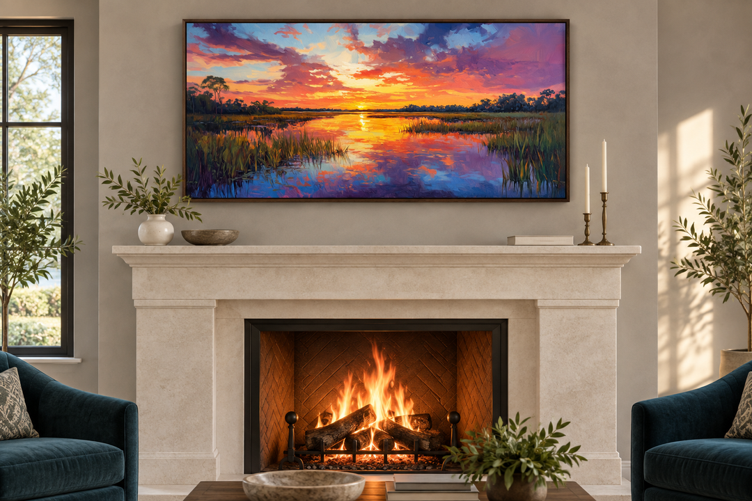 Florida Wetland Framed Canvas Wall Art featuring a vibrant sunset over a marsh above a fireplace.