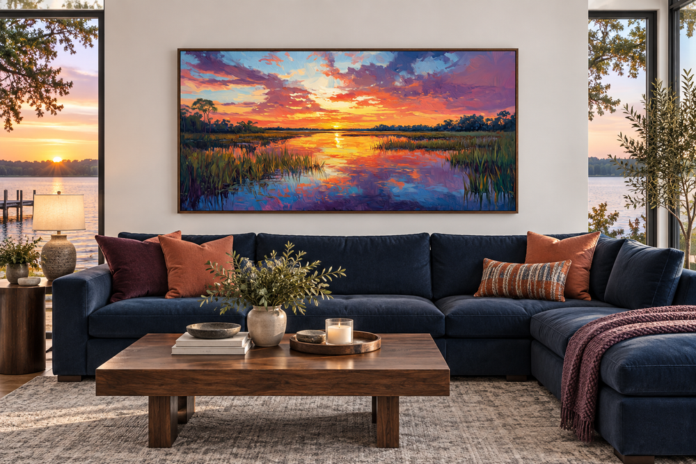 Florida Wetland Framed Canvas Wall Art featuring a vibrant sunset over marshlands above a blue sofa.