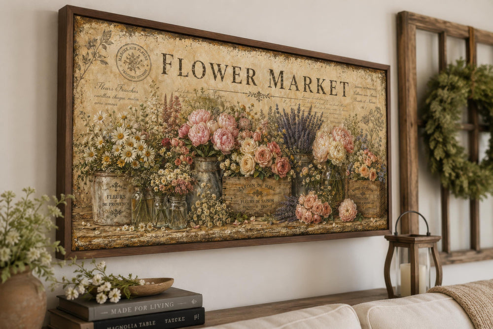 Vintage-style Flower Market canvas wall art featuring abundant floral arrangements in a wood frame.