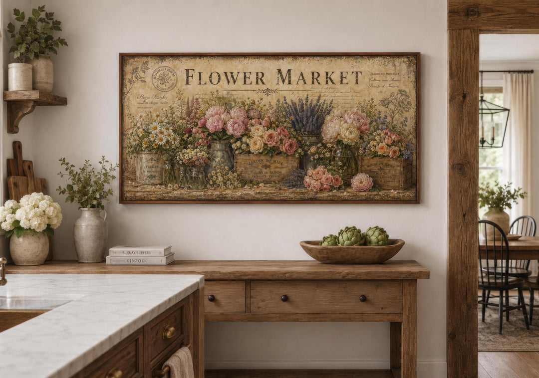 Vintage-style Flower Market canvas wall art featuring abundant pink and cream floral arrangements.