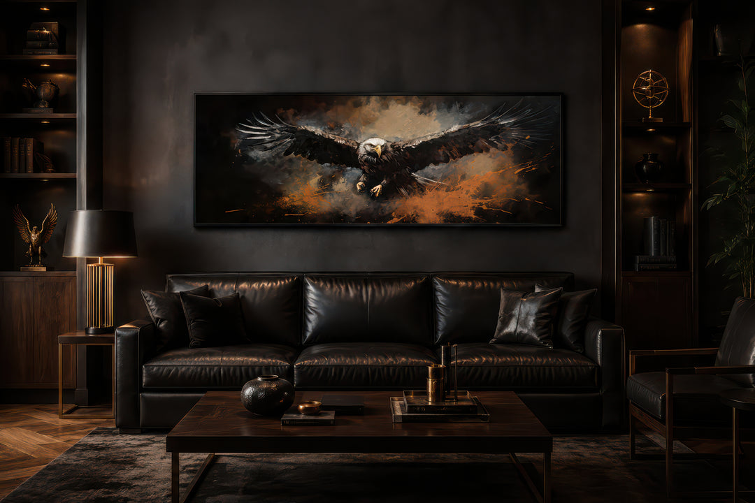 Flying eagle long horizontal canvas wall art in a dark, modern living room above a black sofa.