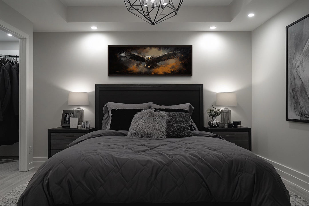 Flying eagle long horizontal canvas wall art above a bed in a modern masculine bedroom.