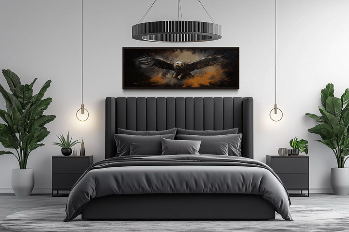 Flying eagle horizontal canvas wall art above a dark gray bed in a modern masculine bedroom.