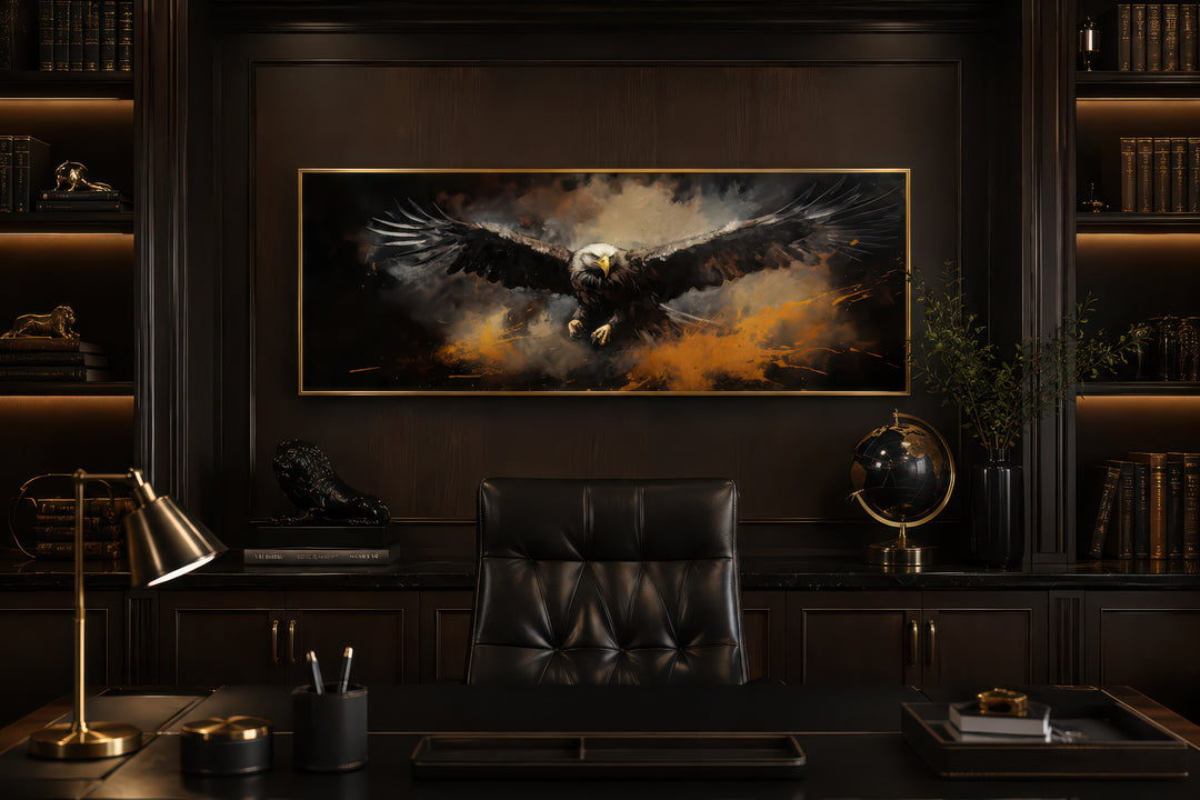 Flying eagle long horizontal canvas wall art in a dark office above a black leather chair.