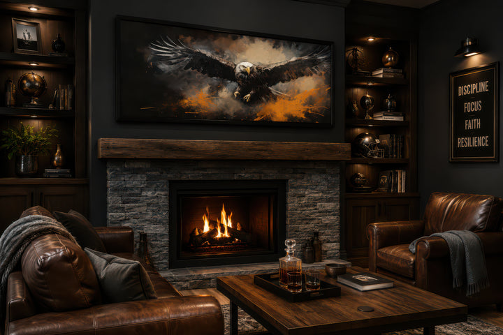 Horizontal canvas wall art of a bald eagle in flight above a fireplace in a dark, masculine room.