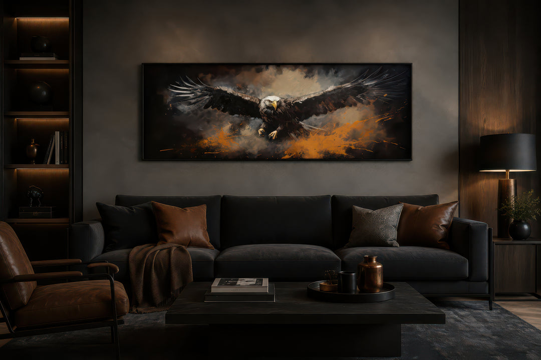 Flying eagle long horizontal canvas wall art in a dark, modern living room above a black sofa.