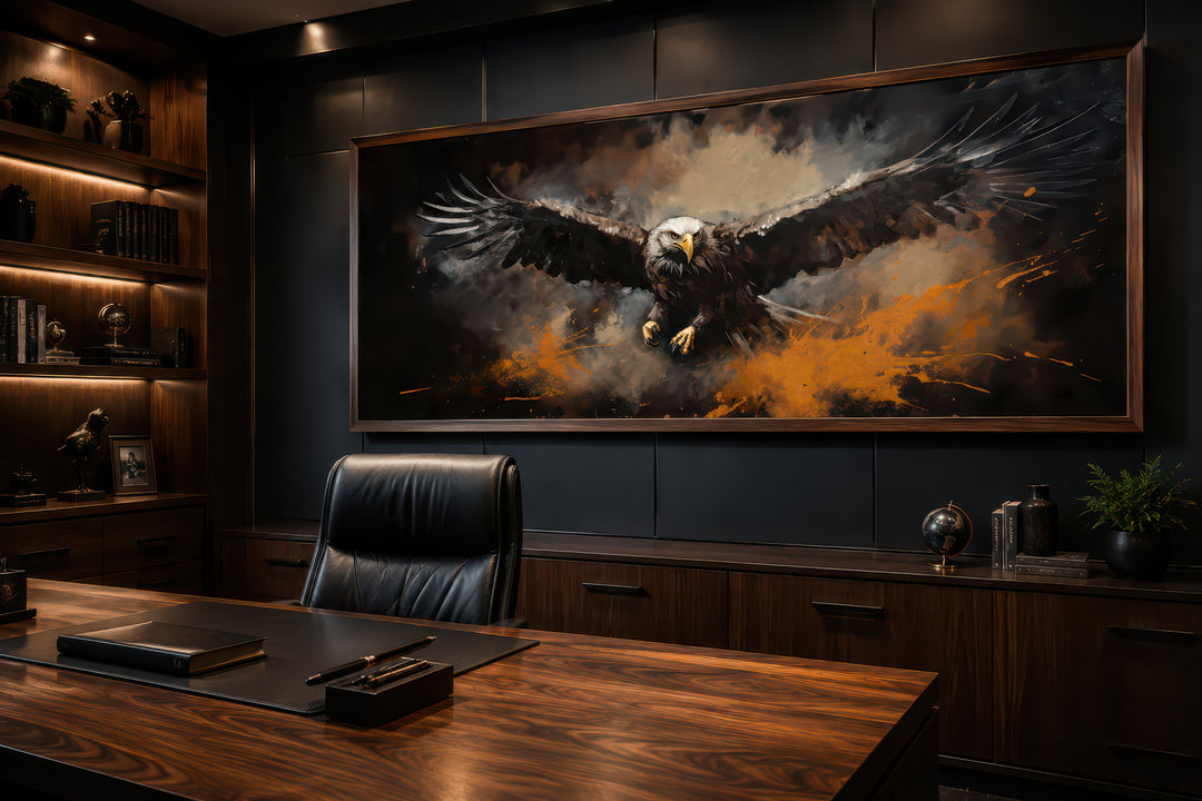 Flying eagle long horizontal canvas wall art in a dark executive office setting.