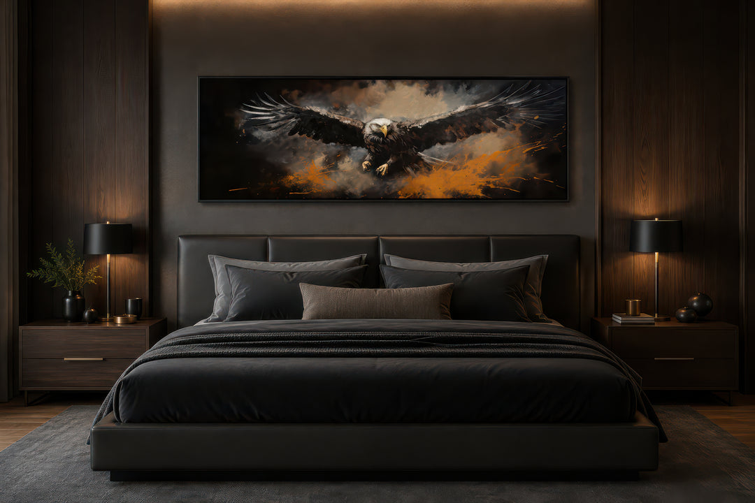 Flying eagle abstract canvas wall art in a dark modern bedroom above a black leather headboard.