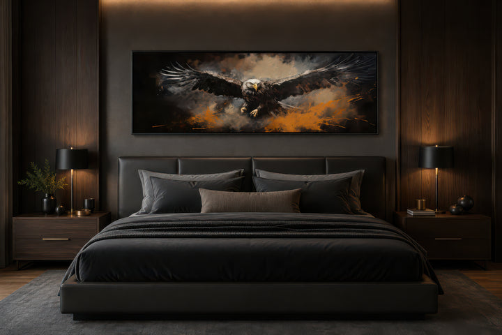 Flying eagle abstract canvas wall art in a dark modern bedroom above a black leather headboard.