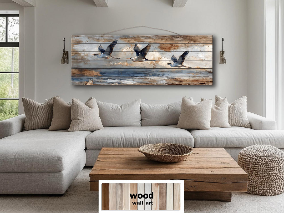 Flying Herons Distressed Wall Art on Wood Planks - Rustic Coastal Bird Decor for Beach Houses