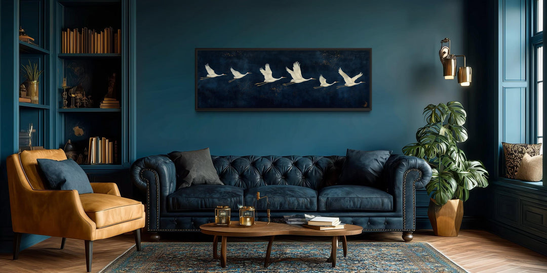 Panoramic navy blue canvas print featuring a horizontal procession of flying white cranes.
