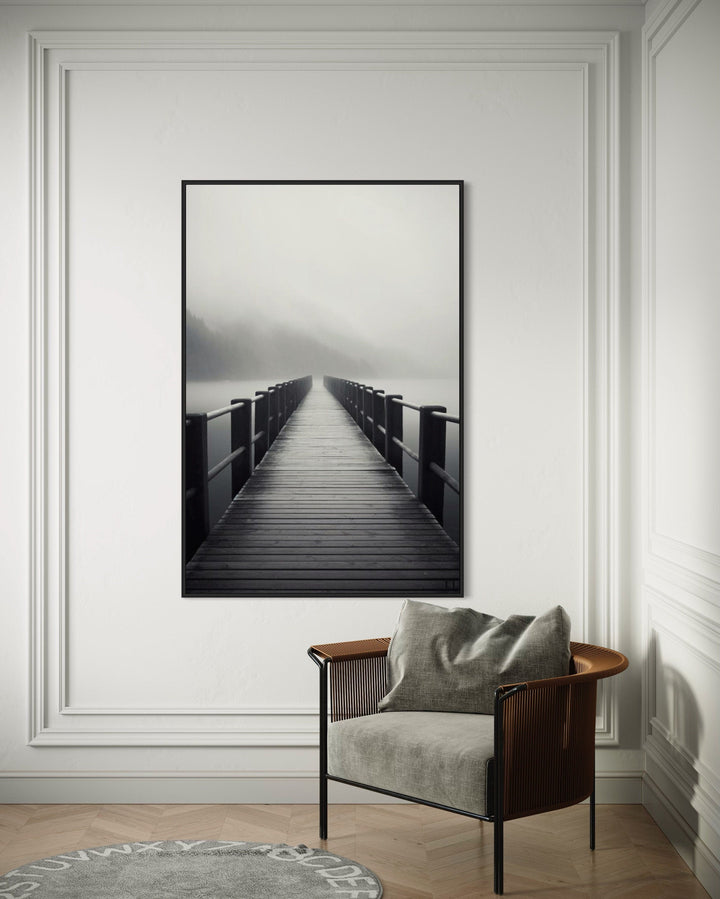 Foggy Black White Lake Landscape With Dock/Pier Framed Canvas Wall Art