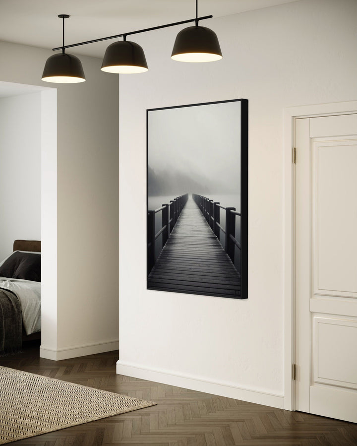 Foggy Black White Lake Landscape With Dock/Pier Framed Canvas Wall Art