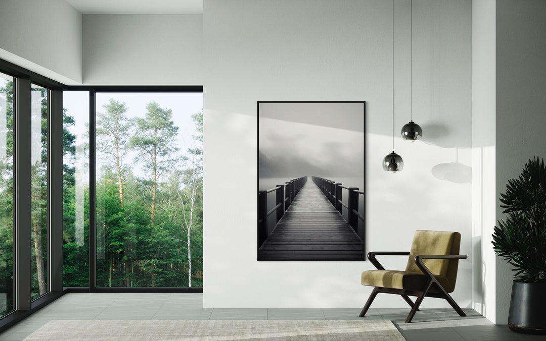 Foggy Black White Lake Landscape With Dock/Pier Framed Canvas Wall Art