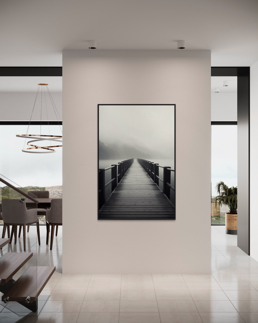 Foggy Black White Lake Landscape With Dock/Pier Framed Canvas Wall Art