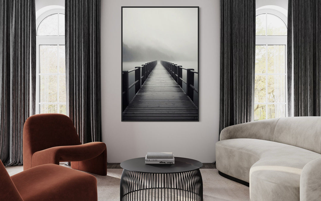 Foggy Black White Lake Landscape With Dock/Pier Framed Canvas Wall Art