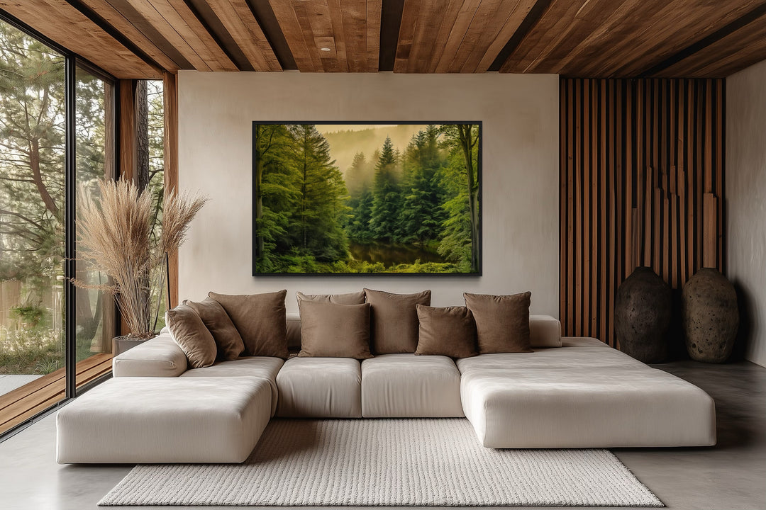 Foggy Fir Tree Forest Nature Landscape Framed Canvas Wall Art