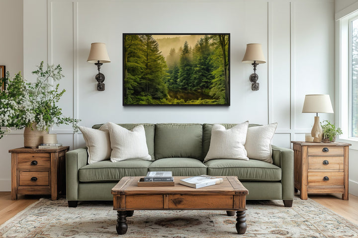 Foggy Fir Tree Forest Nature Landscape Framed Canvas Wall Art