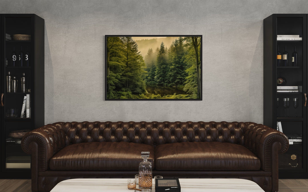 Foggy Fir Tree Forest Nature Landscape Framed Canvas Wall Art