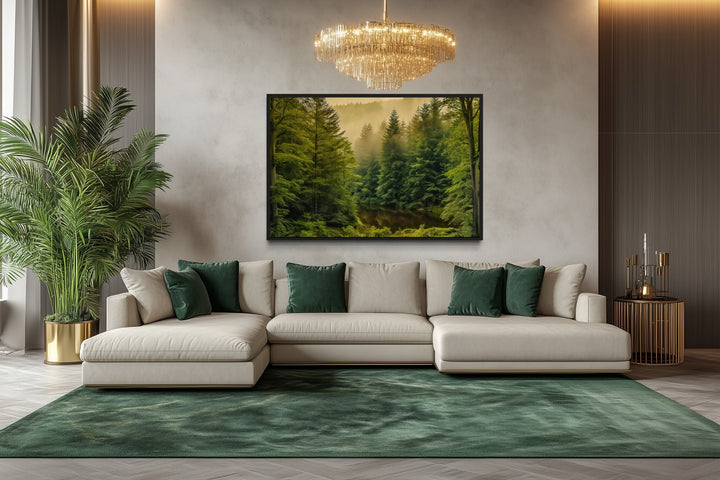 Foggy Fir Tree Forest Nature Landscape Framed Canvas Wall Art