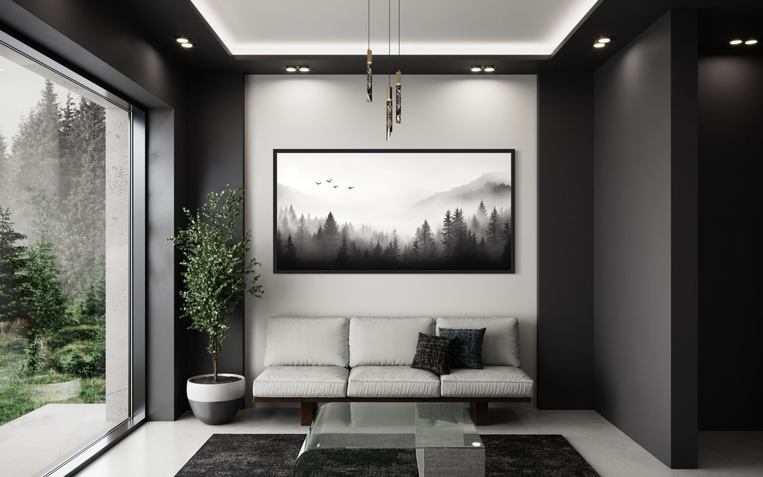 Foggy Forest Black White Minimalist Framed Canvas Wall Art