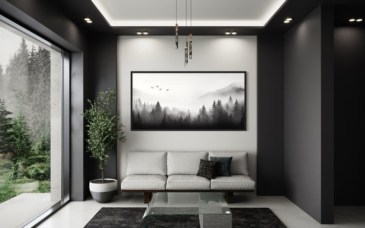 Foggy Forest Black White Minimalist Framed Canvas Wall Art