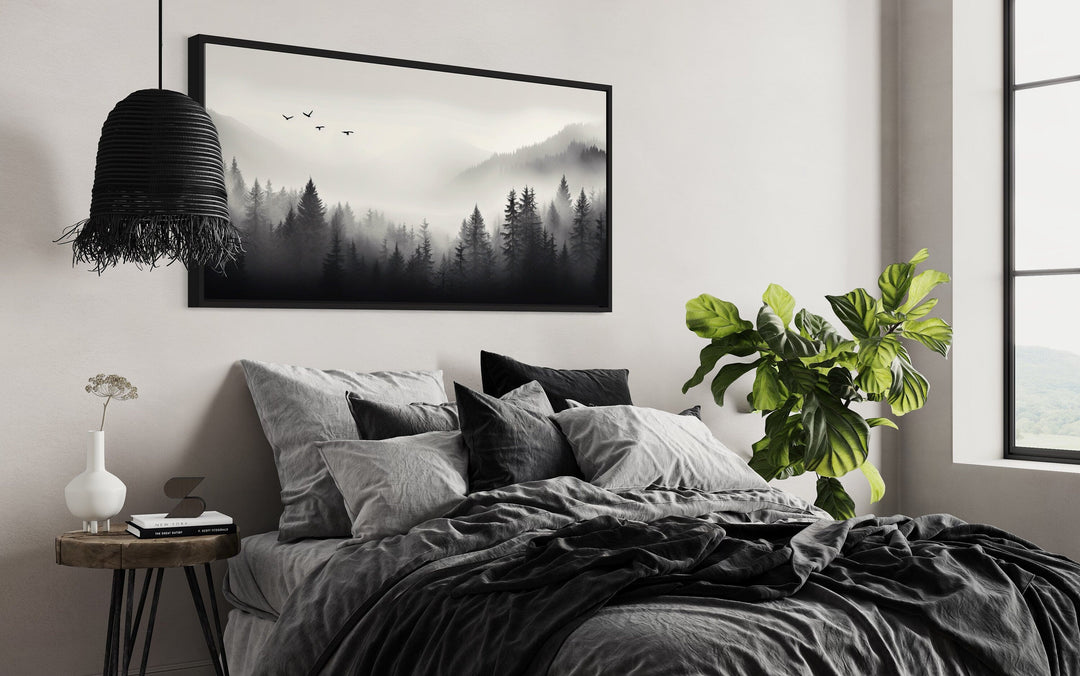 Foggy Forest Black White Minimalist Framed Canvas Wall Art