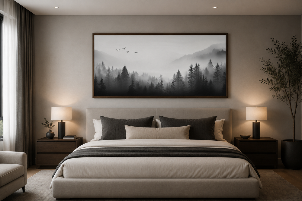 Foggy forest black and white minimalist framed canvas wall art hanging above a bed in a bedroom.