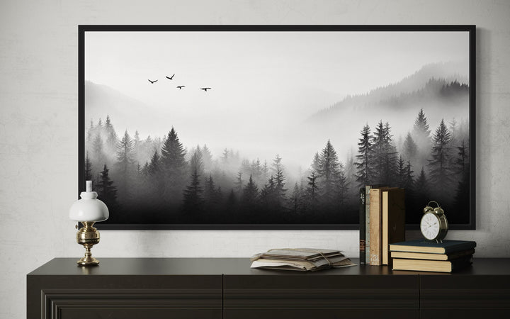Foggy Forest Black White Minimalist Framed Canvas Wall Art