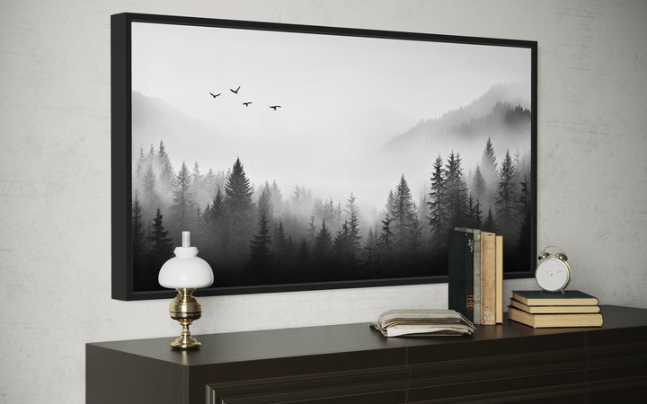 Foggy Forest Black White Minimalist Framed Canvas Wall Art