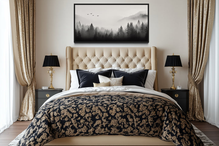 Foggy Forest Black White Minimalist Framed Canvas Wall Art