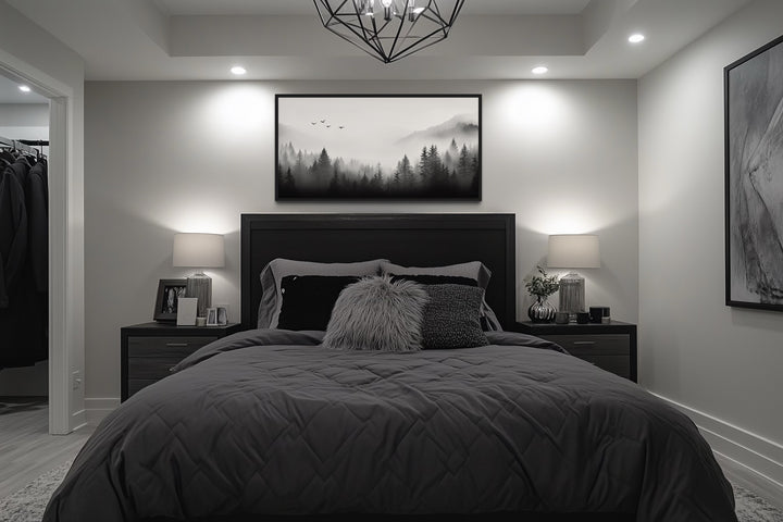 Foggy Forest Black White Minimalist Framed Canvas Wall Art