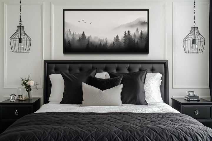 Foggy Forest Black White Minimalist Framed Canvas Wall Art