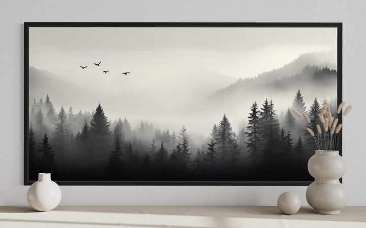 Foggy Forest Black White Minimalist Framed Canvas Wall Art