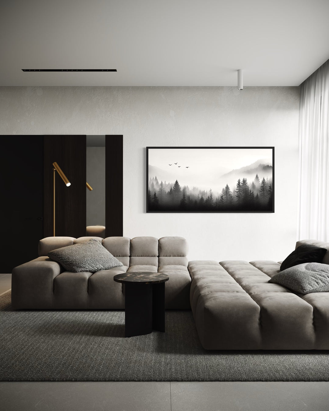 Foggy Forest Black White Minimalist Framed Canvas Wall Art
