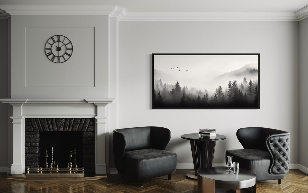 Foggy Forest Black White Minimalist Framed Canvas Wall Art