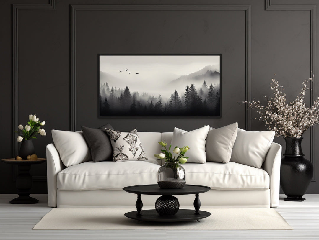 Foggy Forest Black White Minimalist Framed Canvas Wall Art