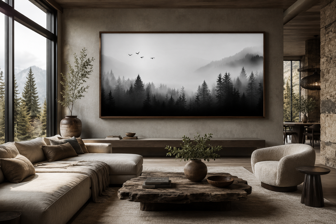 Large framed black and white canvas wall art of a foggy forest above a modern living room sofa.