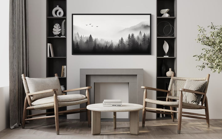 Foggy Forest Black White Minimalist Framed Canvas Wall Art