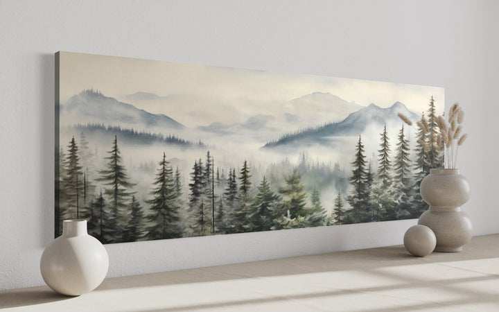 Foggy Forest Sage Green Long Horizontal Above Bed Wall Art