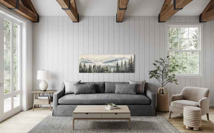 Foggy Forest Sage Green Long Horizontal Above Bed Wall Art