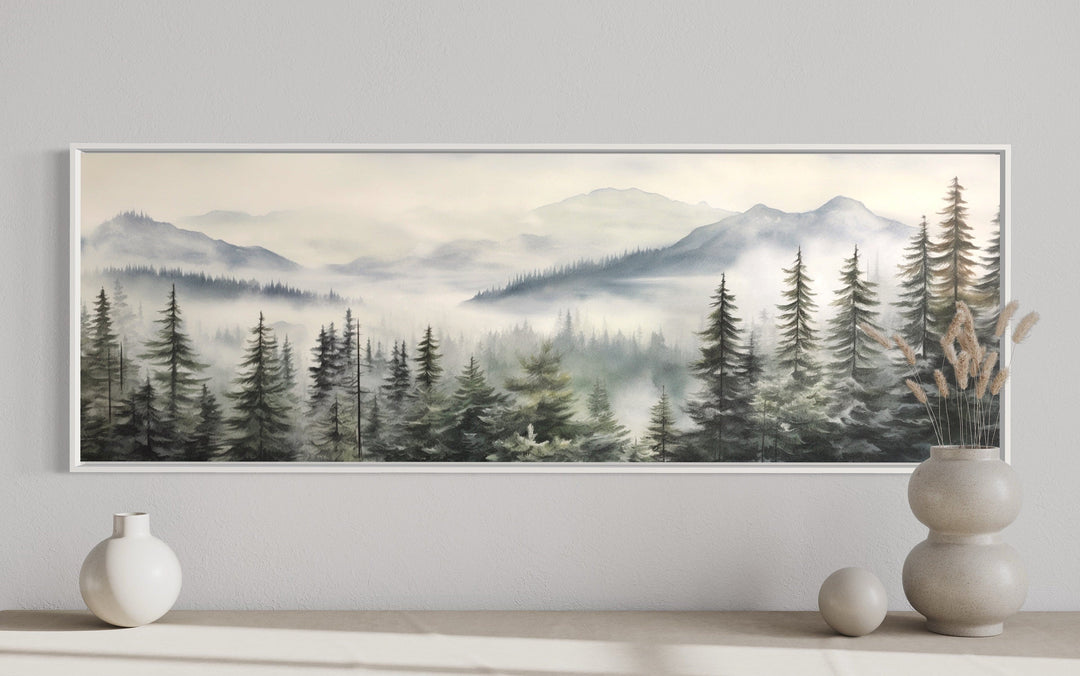 Foggy Forest Sage Green Long Horizontal Above Bed Wall Art