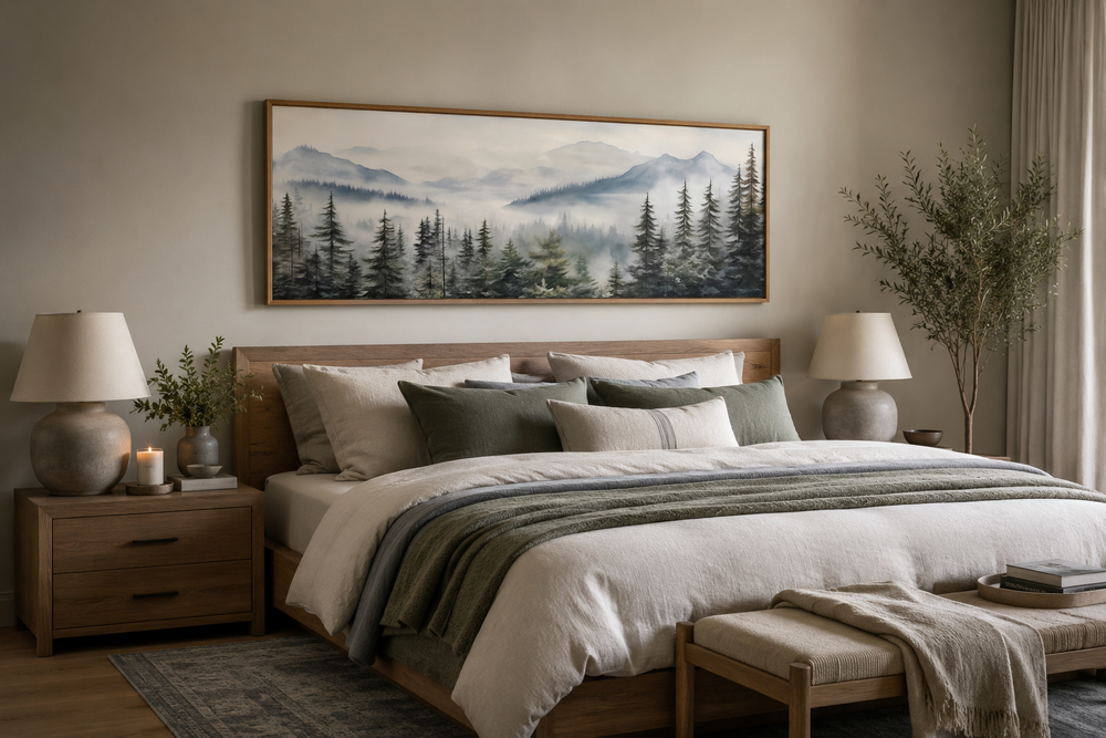 Foggy forest sage green long horizontal wall art hanging above a bed in a neutral-toned bedroom.