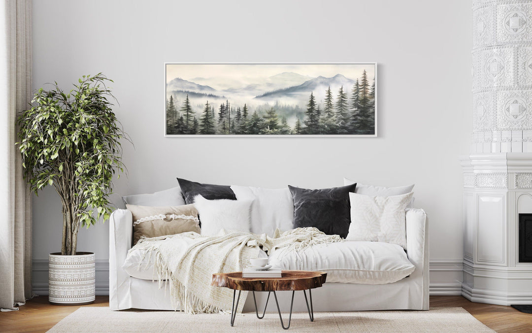 Foggy Forest Sage Green Long Horizontal Above Bed Wall Art