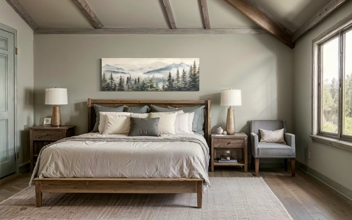 Foggy Forest Sage Green Long Horizontal Above Bed Wall Art