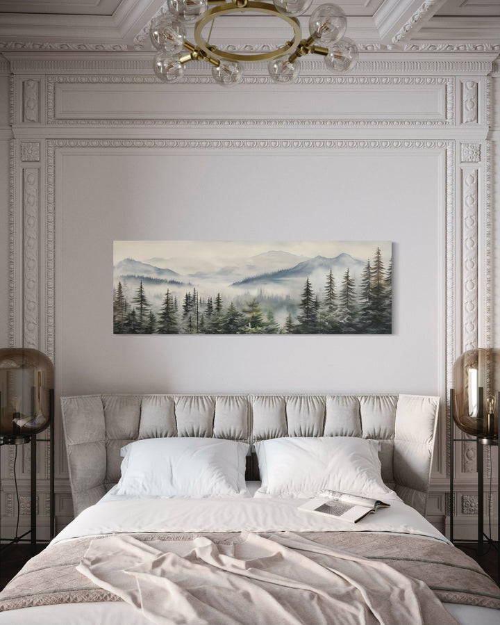 Foggy Forest Sage Green Long Horizontal Above Bed Wall Art