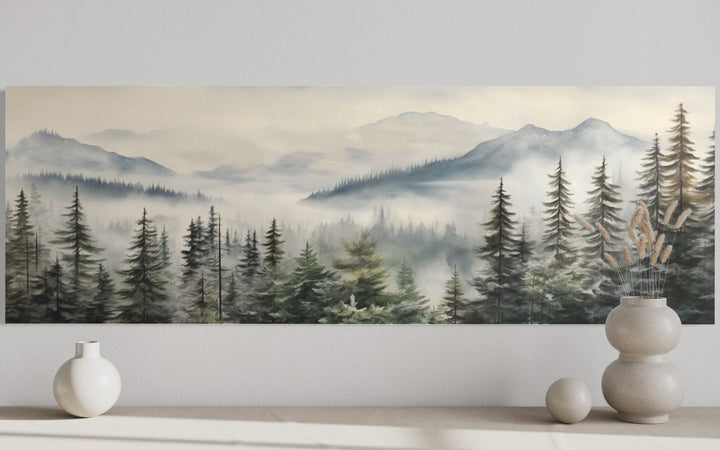 Foggy Forest Sage Green Long Horizontal Above Bed Wall Art