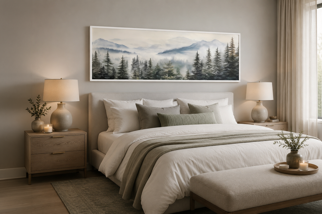 Foggy forest sage green long horizontal wall art in a white frame hanging above a bed.